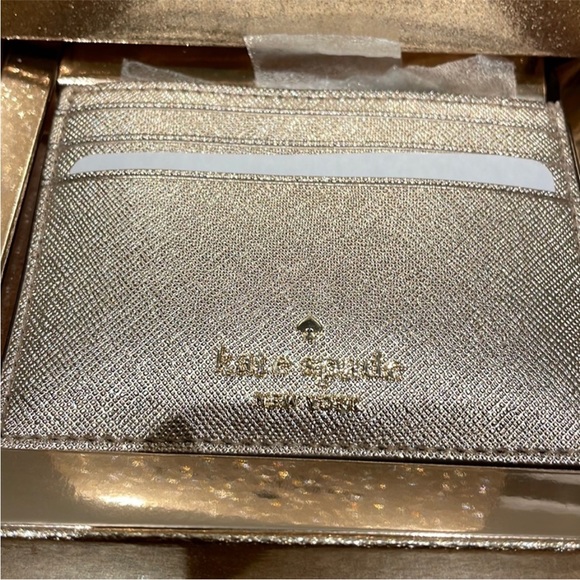 Kate Spade boxed small metallic saffiano slim cardholder wallet glitter rose NWT - Picture 2 of 4